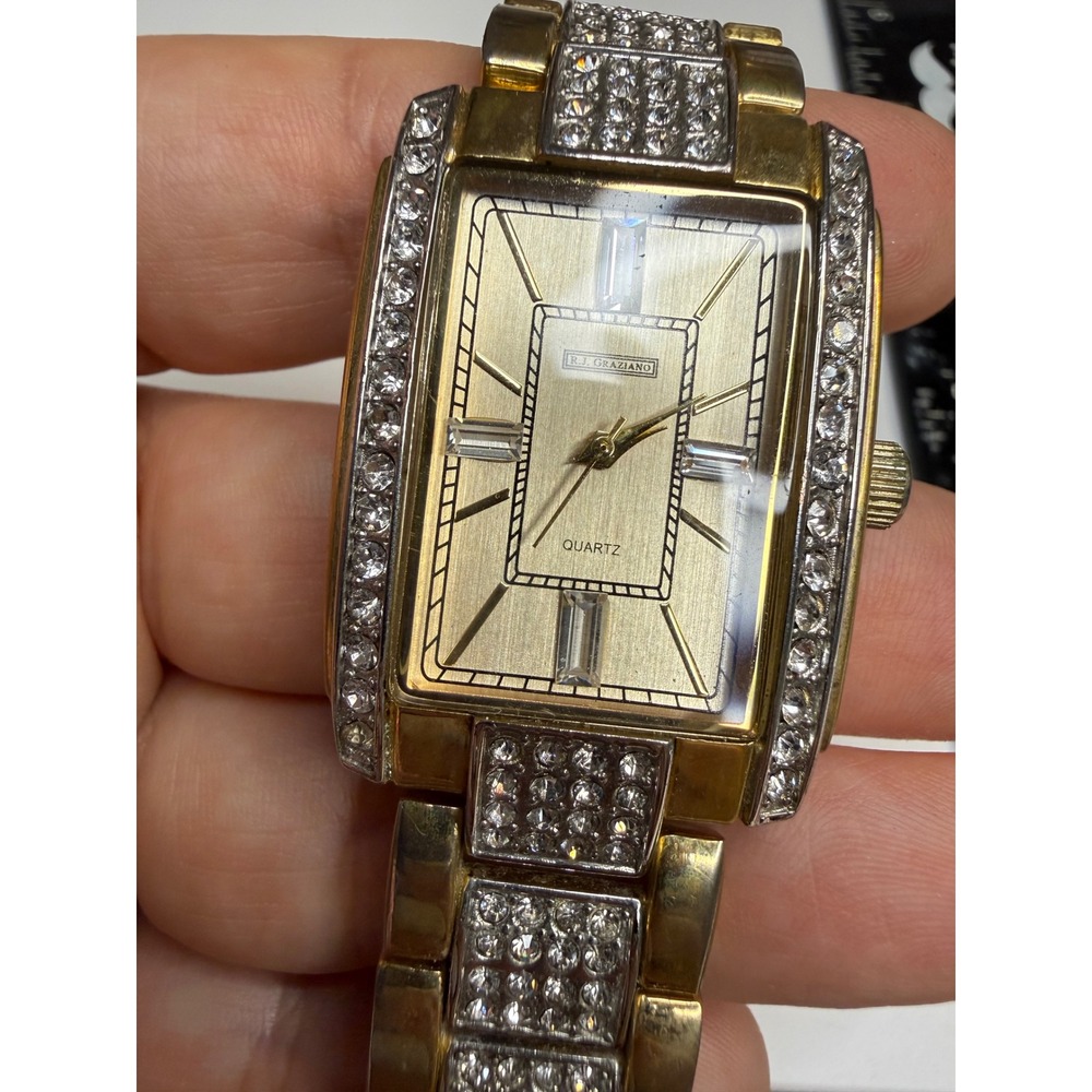 RJ Graziano RJ1002 Gold Tone Rhinestone Tank Watch Japan Quartz Movement